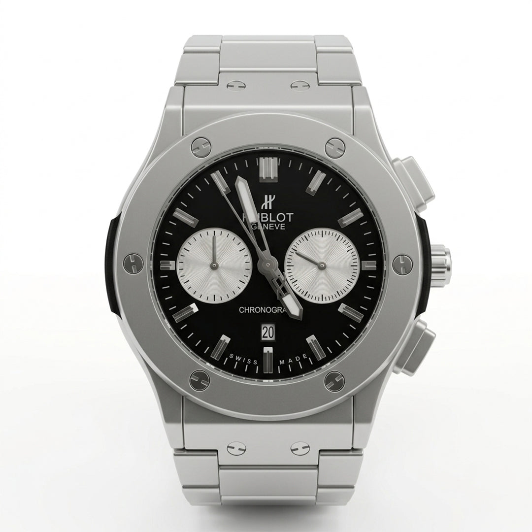 Silver Chronograph Luxury Steel Watch – Black Dial