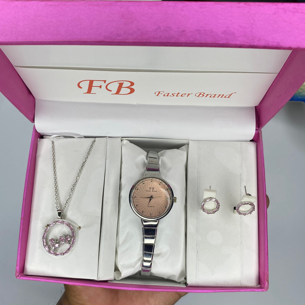 Elegant Ladies Watch & Jewelry Gift Set – Pink Crystal Edition